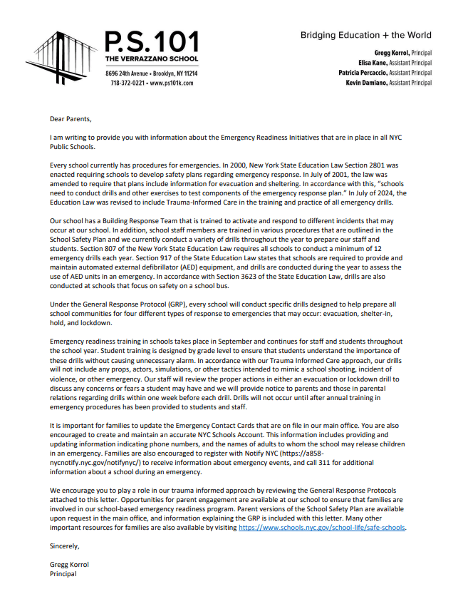 Emergency Readiness and safety information letter for parents