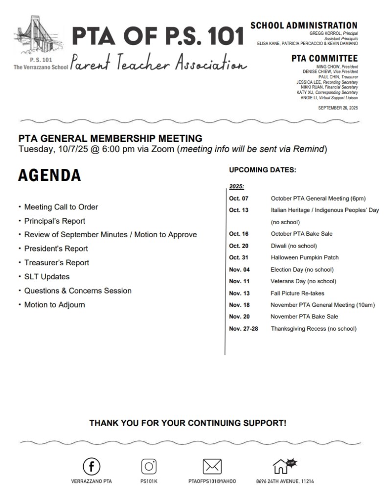 PTA General Membership Meeting Agenda