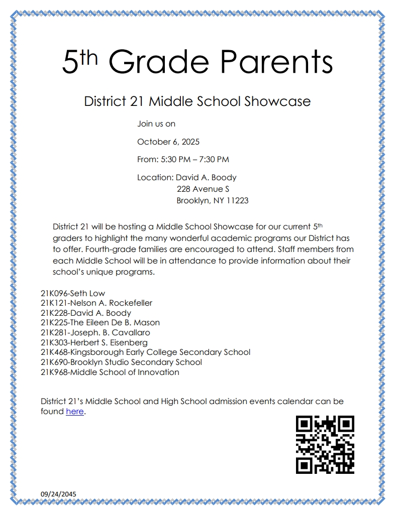 District 21 Middle School Showcase flyer