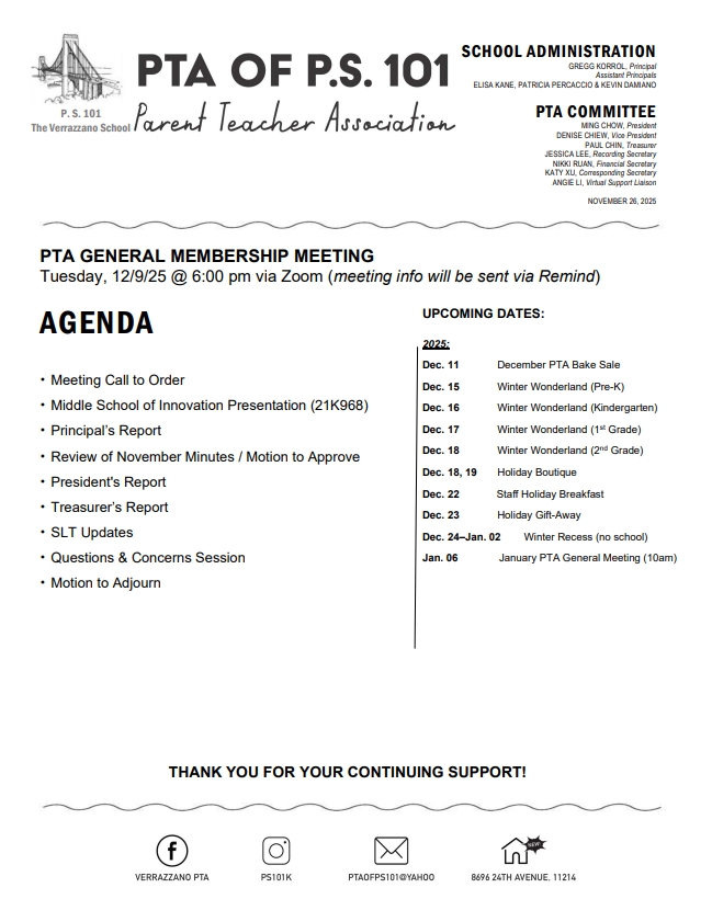 PTA General Membership Meeting Agenda