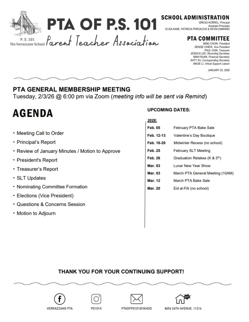 PTA General Membership Meeting Agenda for February 3