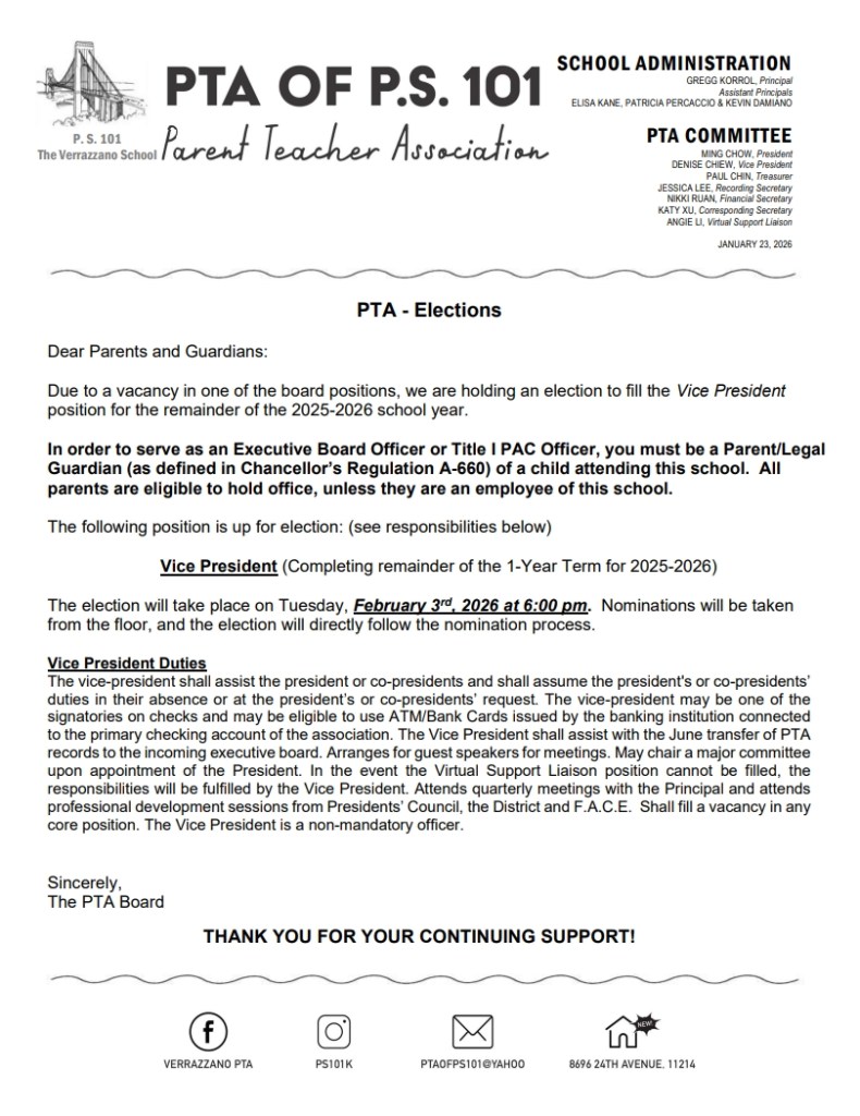 PTA Election Notice for February 3