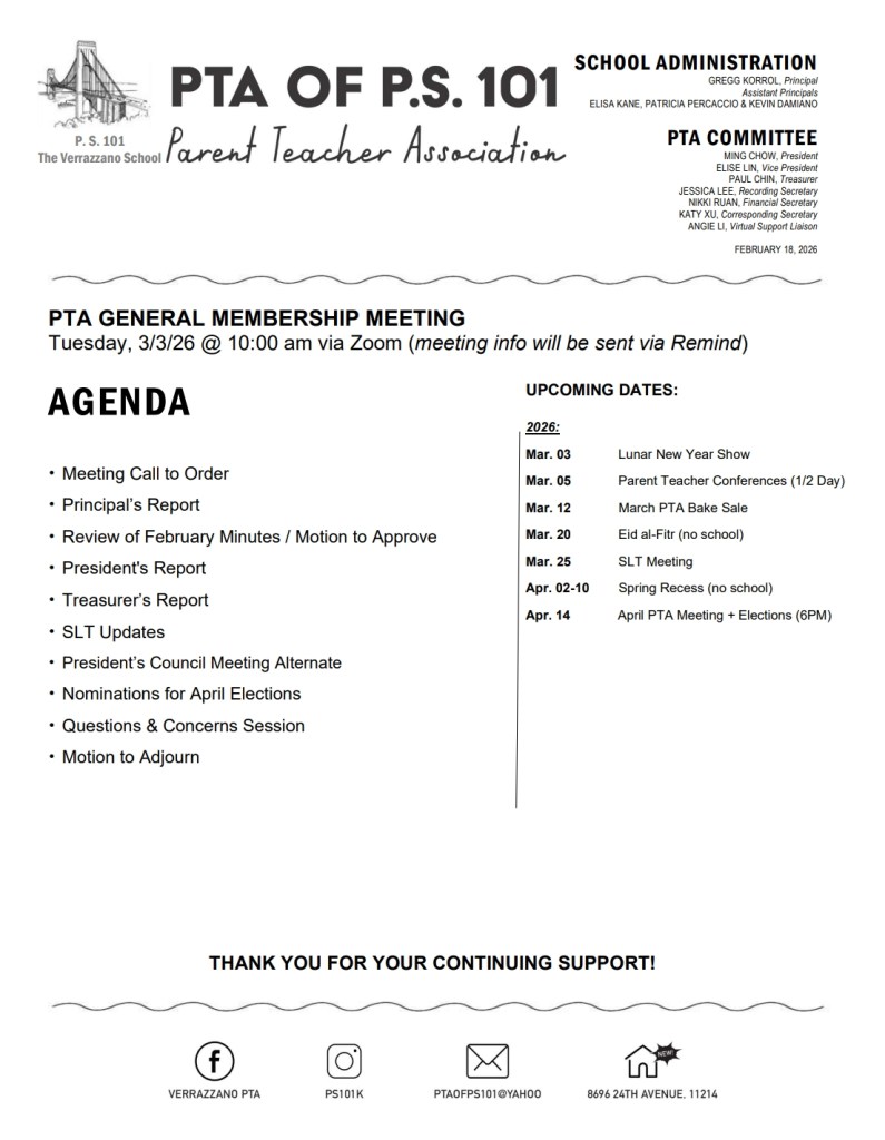PTA General Membership Meeting agenda
