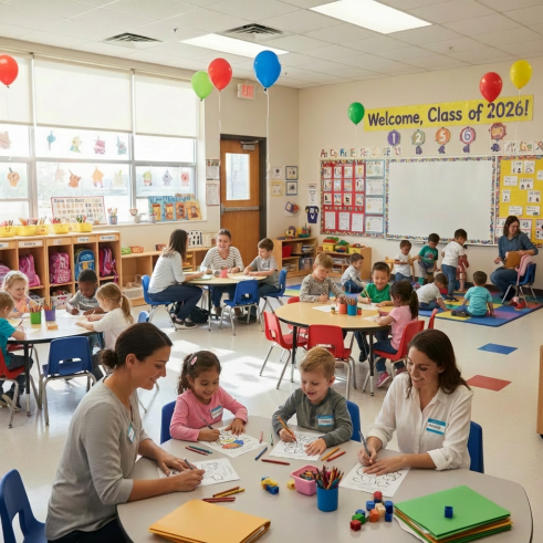 Adults and children in a classroom featuring a banner that says, 'Welcome, Class of 2024!'.