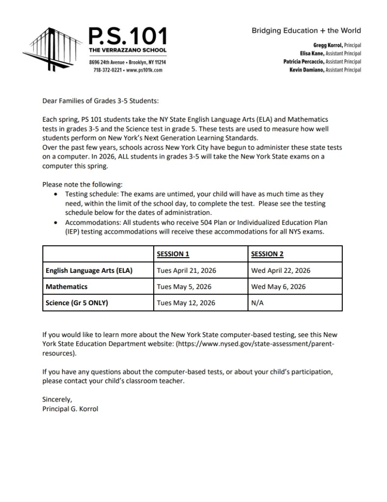 2026 State Exams Computer-Based Testing Parent Letter