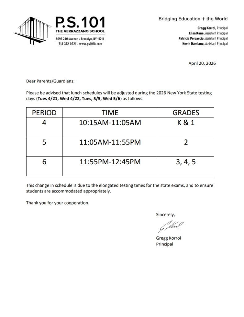 State Exam Testing Days Lunch Schedule Changes Parent Letter