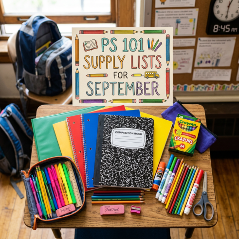 School supplies including notebooks, markers, crayons, pencils, and scissors with a PS 101 supply list sign