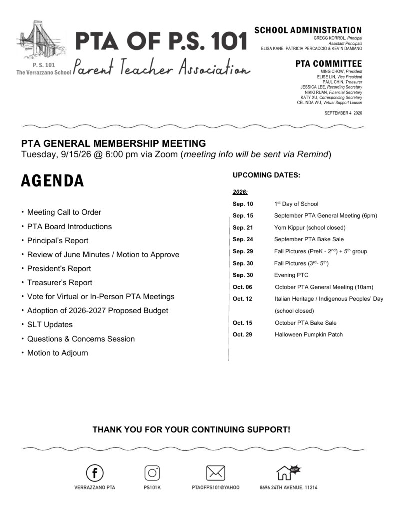 PTA General Membership Meeting Agenda
