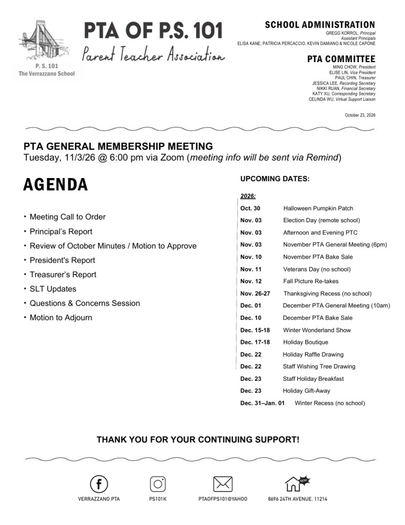 PTA General Membership meeting agenda for November 6th
