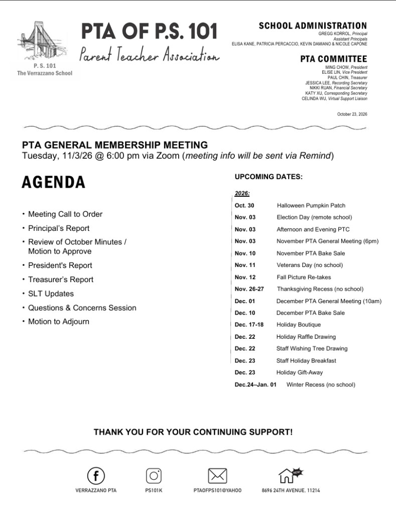 PTA General Membership meeting agenda for November 3rd