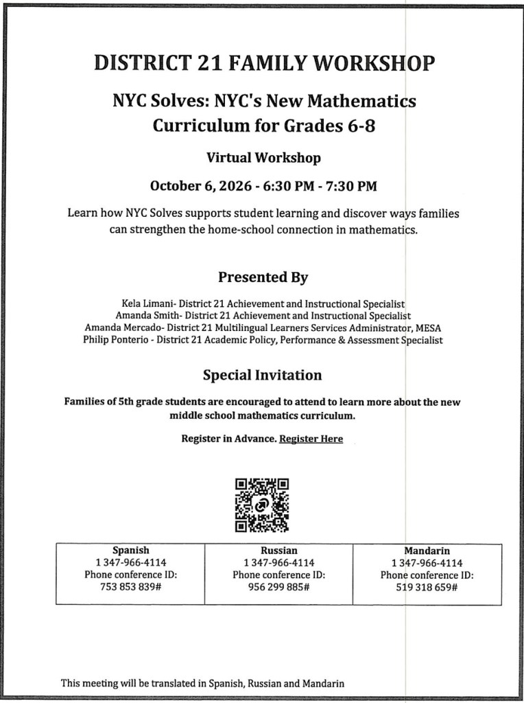 District 21 Family Workshop English flyer