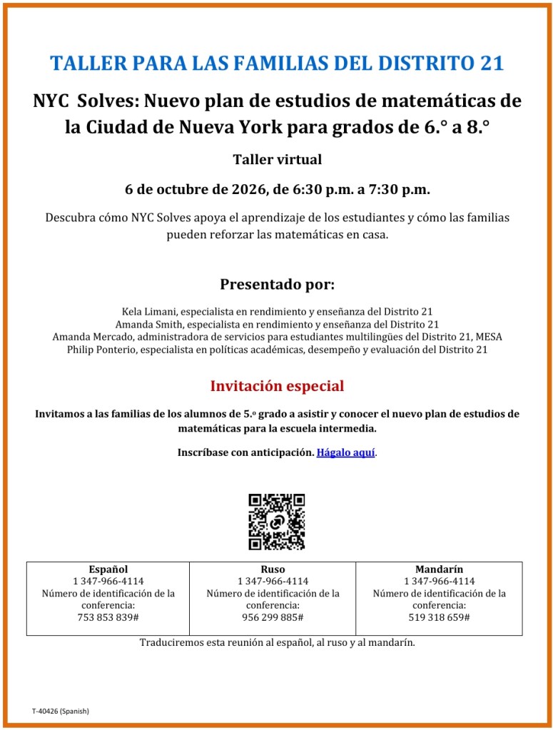 District 21 Family workshop Spanish flyer