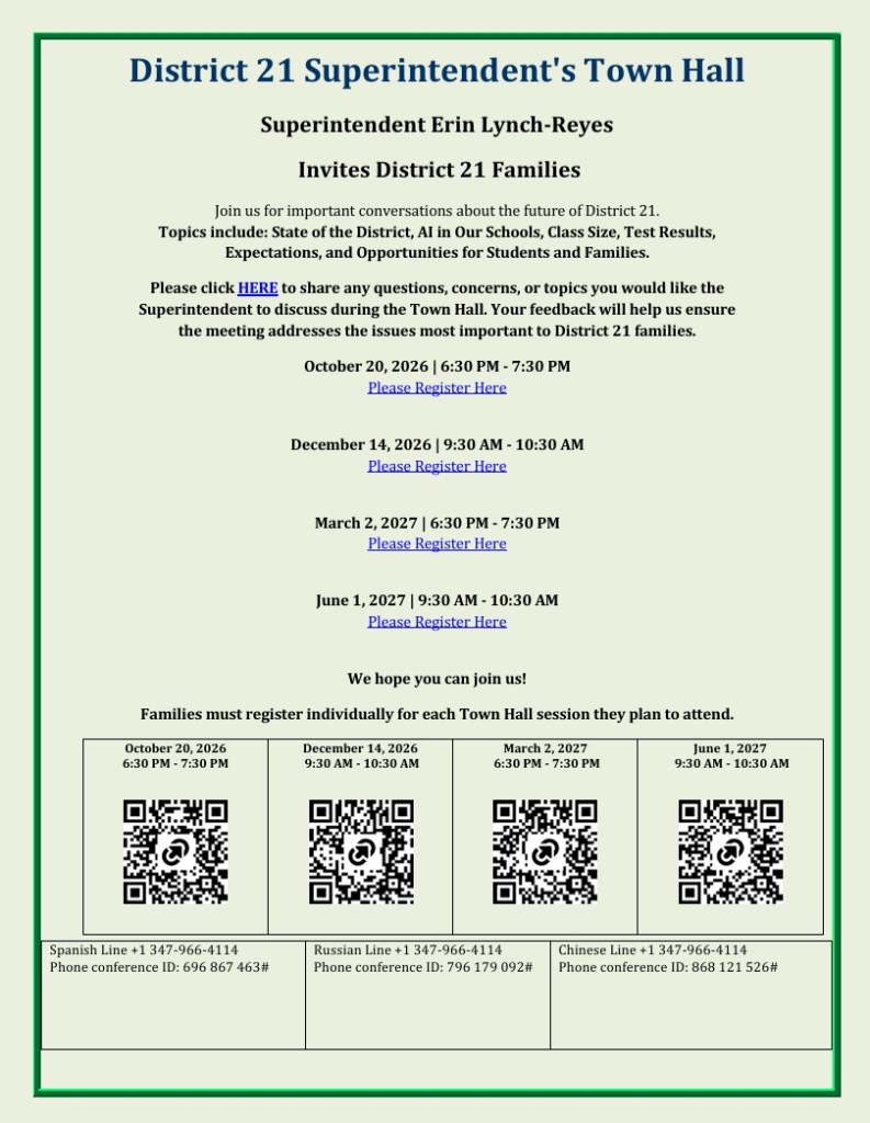D21 Superintendent Town Hall English flyer